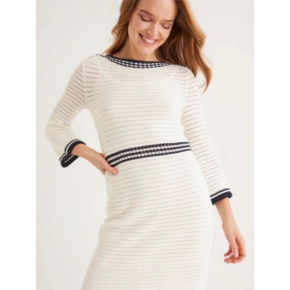 Boden Betty crochet knit cotton dress long sleeve size 6 coastal navy